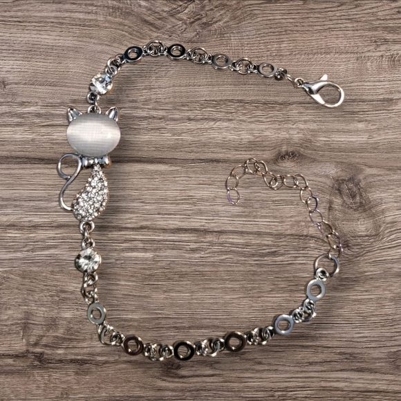 Jewelry - 🩷3 for $15: Silver Enamel & Crystal Cat Bracelet, 7"+2" Extender, NWO